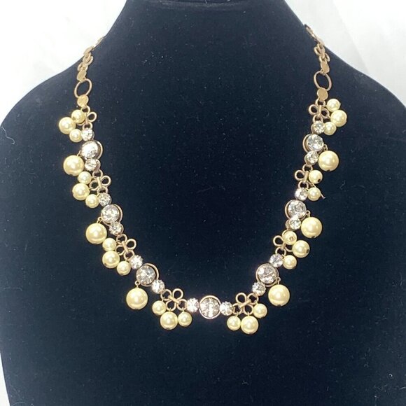 J.Crew Faux Crystal & Pearl Princess Necklace on Floral Chain 23"L Gold White - Picture 2 of 3